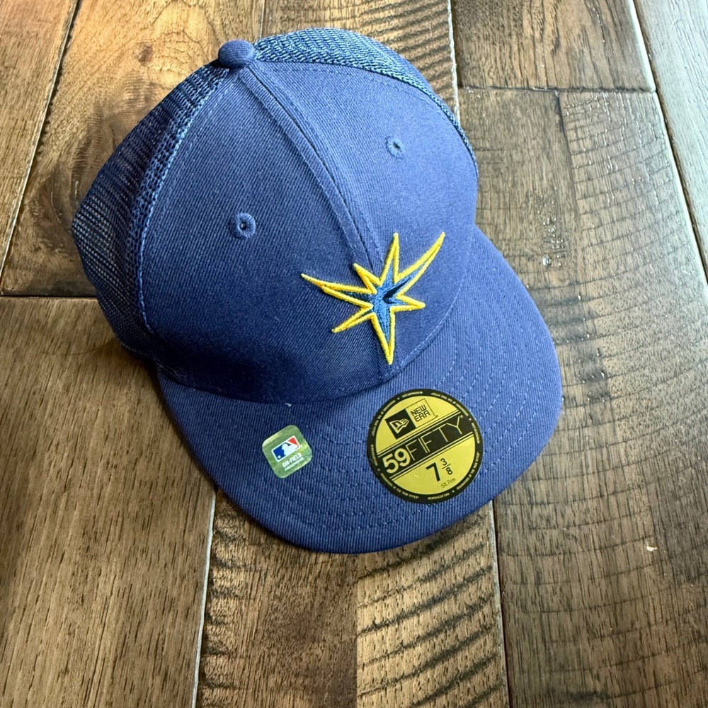 New Era 59FIFTY Tampa Bay Rays Fitted Hat Navy Blue Mesh Trucker Cap 7 3/8 NWT